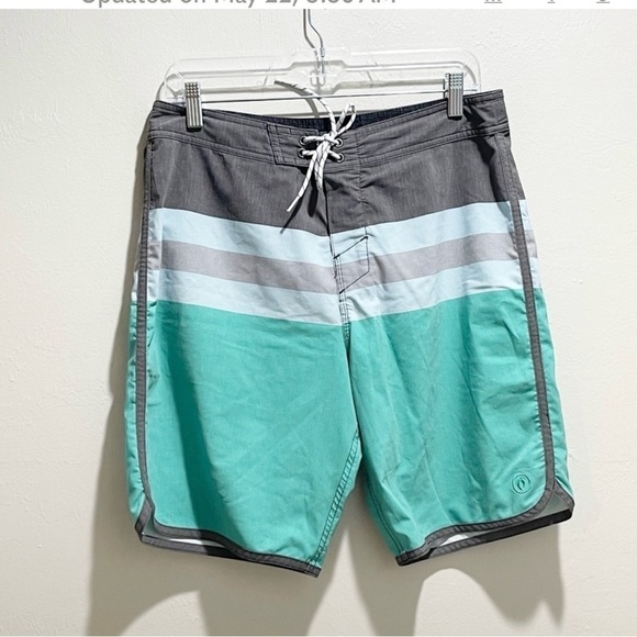 HANG TEN Men’s Board Shorts Gray Green Stripe Drawstring Hook & Loop Closure 32 - Picture 1 of 8